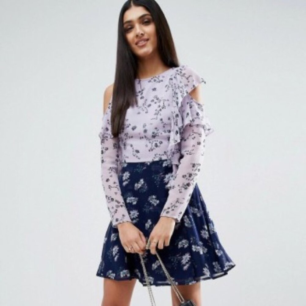 ASOS Lavender Lilac Floral Print Mix Ruffled Long Sheer Sleeve Short Dress M